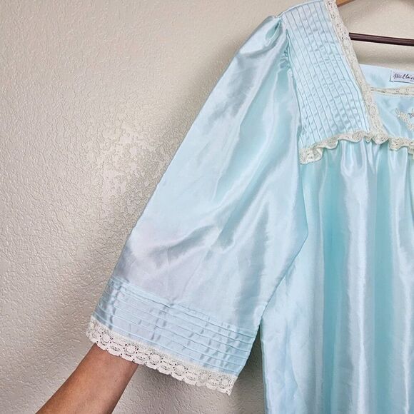 Miss Elaine Vintage Blue Green Satin Nylon Maxi Nightgown Lace Floral Women L - Picture 5 of 16